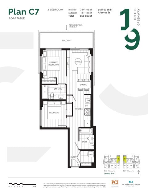 Floor plan for 2 beds, 2 baths, 744 sqft